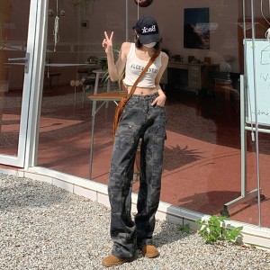 American style jeans, women's spicy girl retro hiphop camouflage workwear pants, women's summer hip-hop loose straight casual pants