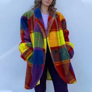 2024 Women's Long sleeved Polo Collar Colored Coat Printed Woolen Long Coat