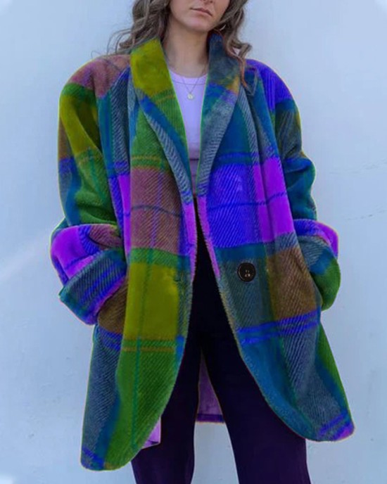 2024 Women's Long sleeved Polo Collar Colored Coat Printed Woolen Long Coat