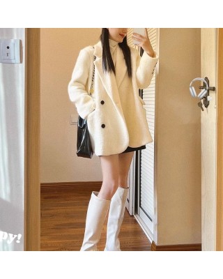 Fashionable and sophisticated suit jacket for women's autumn/winter 2023 mid length white woolen coat