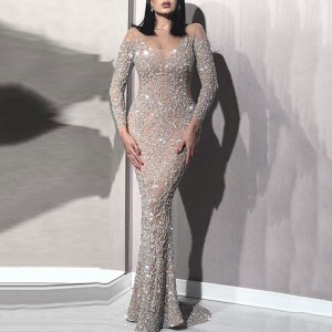 2024 Spring New Women's Hot Gold Long Sleeve Slim Sexy Long Dresses Banquet Evening Gowns