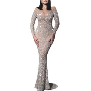 2024 Spring New Women's Hot Gold Long Sleeve Slim Sexy Long Dresses Banquet Evening Gowns