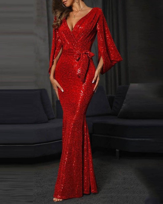 Spring/summer 2024 new dress sexy split color sequins long mop evening dress