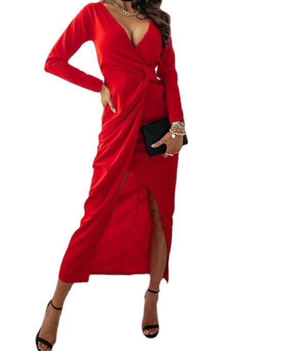 Sexy V-neck solid color long sleeve slit dress