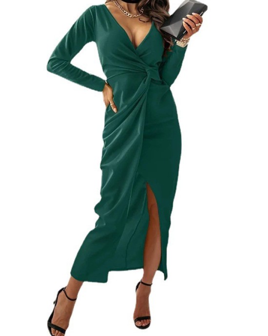 Sexy V-neck solid color long sleeve slit dress