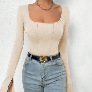 Autumn and Winter Sexy Slim Fit Square Neck Flare Sleeves Off Back Inner Laydown T-shirt jumpsuit