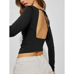 Sexy backless inner women's knitwear long-sleeved t-shirt spicy girl blouse square neck bottoming shirt