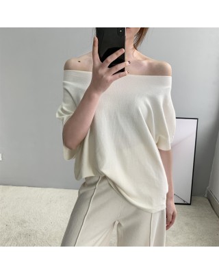 One shoulder knitted short sleeved temperament women's fashion commuting ladies wear women's T-shirts