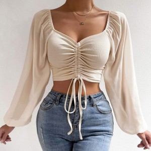 2024 Spring and Autumn Splicing Chiffon Drawstring Lantern Sleeve Tight Fashion Women's Tops T-Shirt 