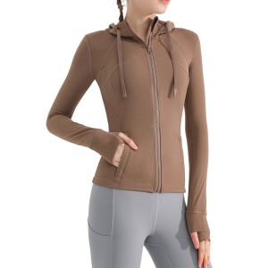 Nude feeling matte yoga suit jacket for women's running, quick drying, breathable, slimming and tight fitting hooded fitness suit top